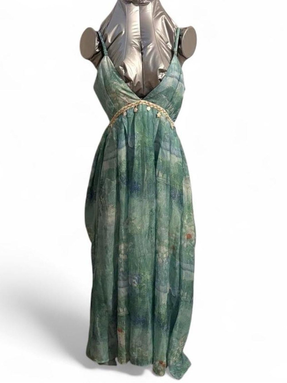 Flowy Seafoam blue and Green Maxi Dress with V-Neck and Embellished Waist